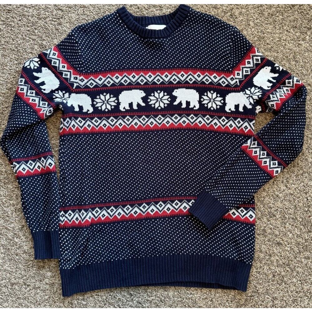 Aspen Sweater Mens Medium Navy Blue Red Fair Isle Nordic Polar Bears Ski EUC‎